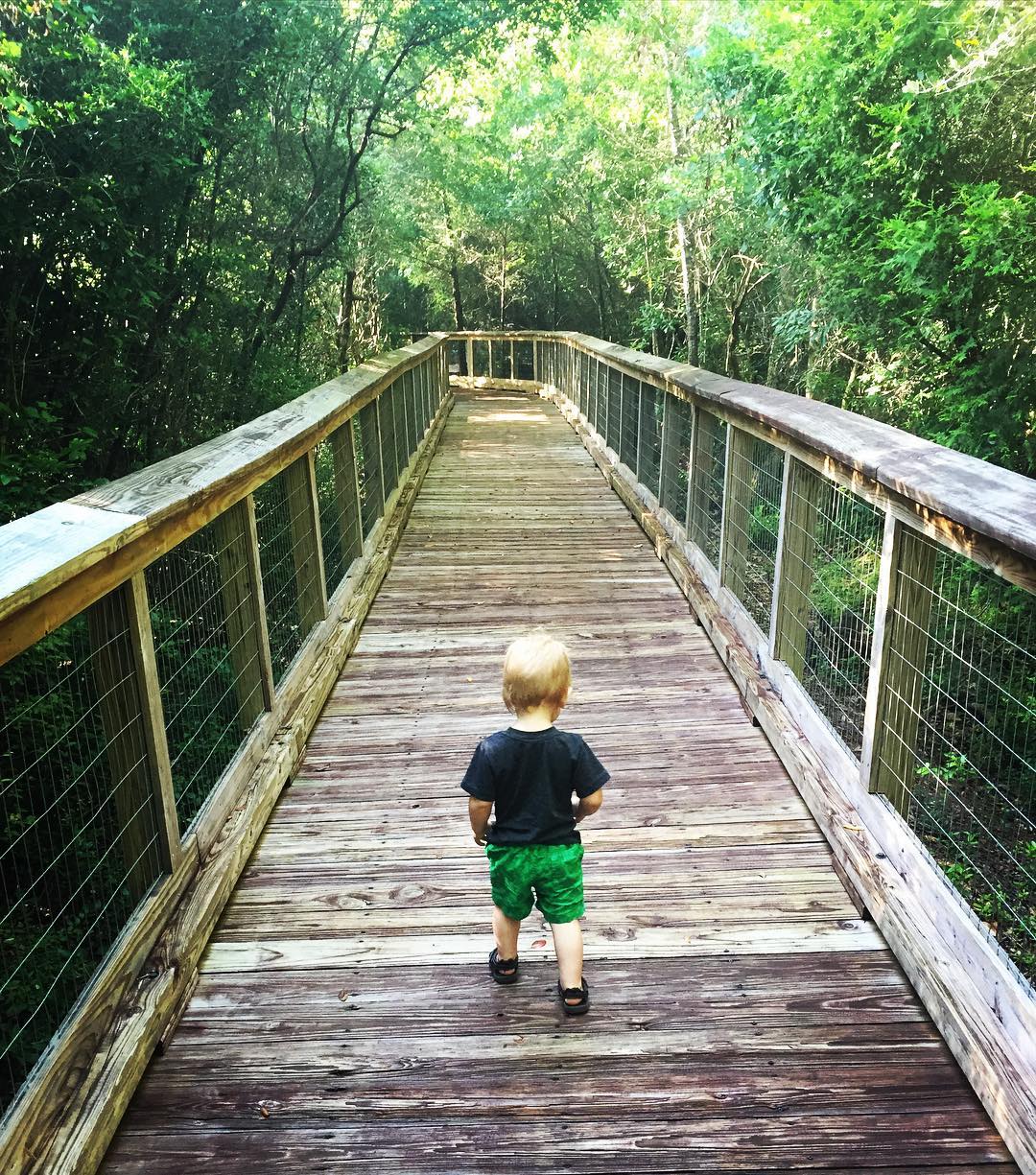 Little boy walking the boardwalk 