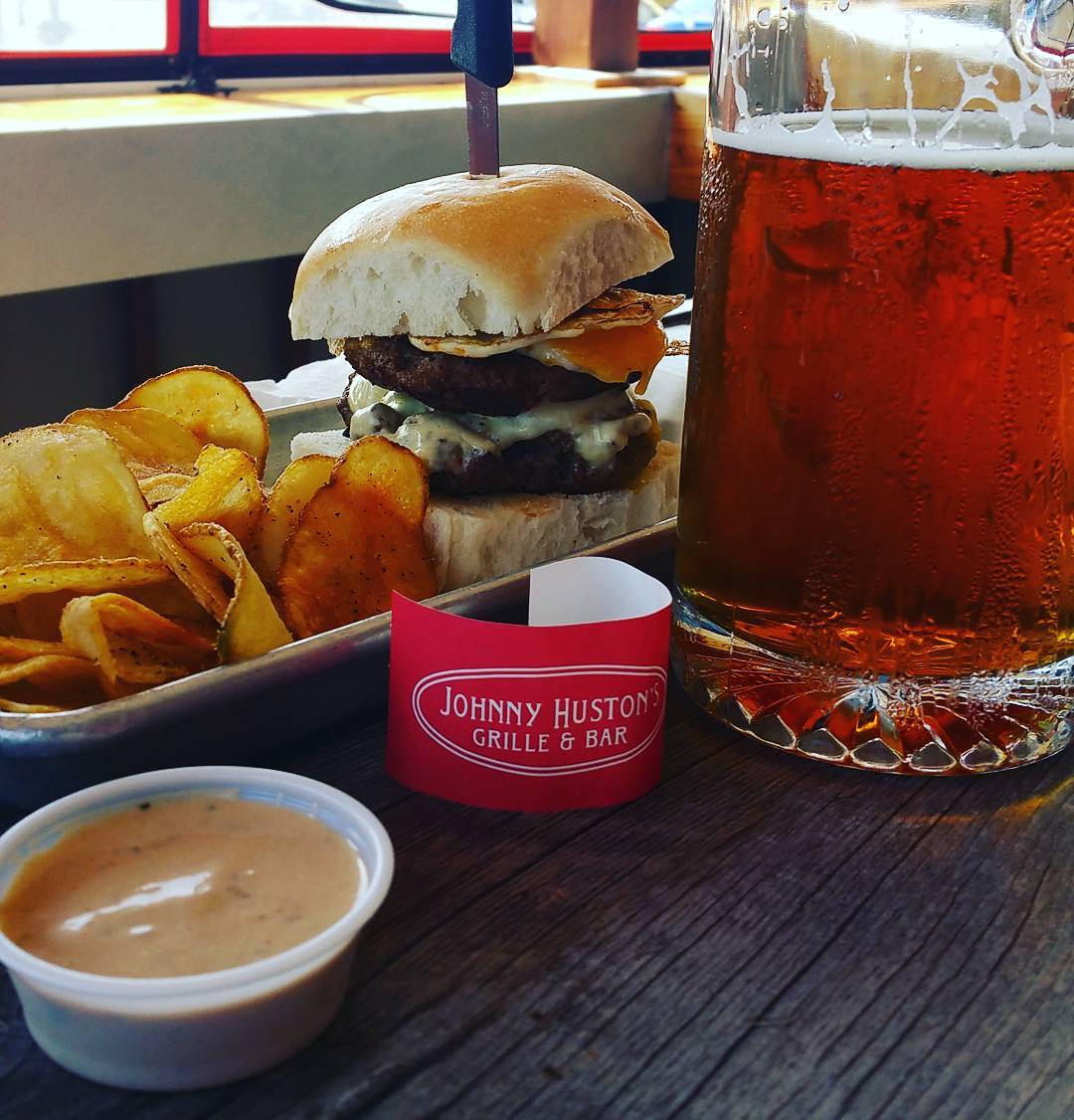 Photo of burger, chips and beer