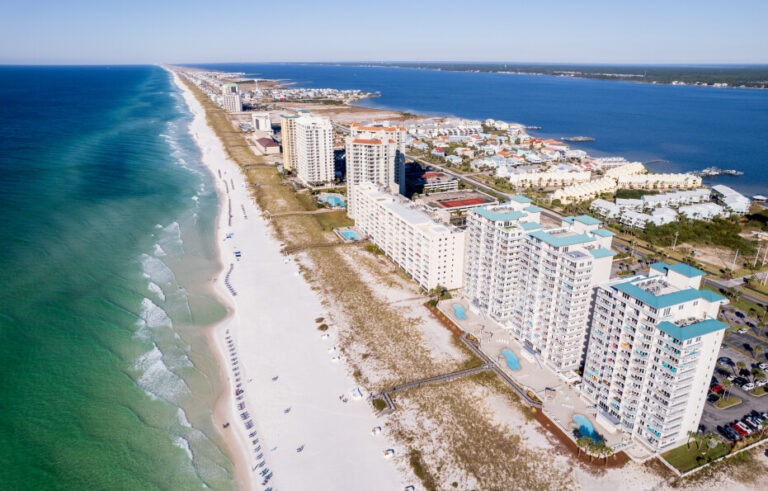 aerial view of beach and hotels
