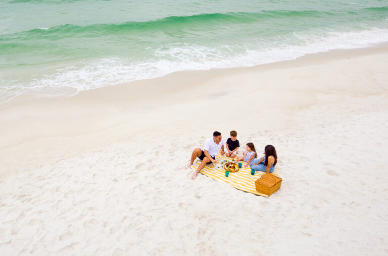 birds-eye view of family picnic on beach