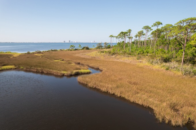 aerial of Santa Rosa Sound and Naval Live Oaks
